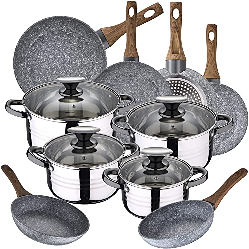 Bateria de cocina 8 piezas SAN IGNACIO Dina, acero inoxidable, con juego sartenes (18/20/22/24/26/28 cm) SAN IGNACIO Daimiel en aluminio forjado