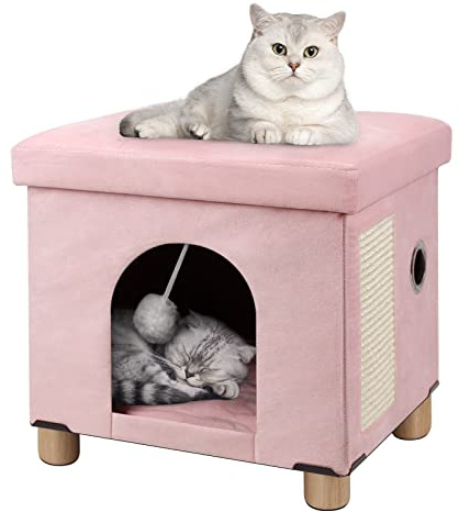 BRIAN & DANY Casa Gato, Cueva para Gatos de Interior, Cama Plegable para Gatos con Tabla Rascador y Pelota de Juego, Taburete con Patas de Madera, 37,5 x 32,5 x 36 cm, Rosa