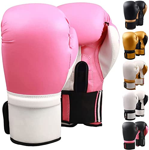 MAXSTRENGTH Boxing Gloves, Pro Training Sparring, MMA Heavy Kickboxing Gloves, Men Women Adult, Heavy Punching Bag Focus Mitts Pads Workout, Ventilated Palm, Series - 6oz To 16oz (10 oz, Pink/White)