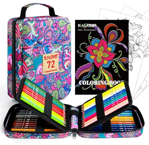 KALOUR 72 Lápices de colores de para libros de colorear para adultos, estuche con ranura para cremallera, con sacapuntas, núcleo suave