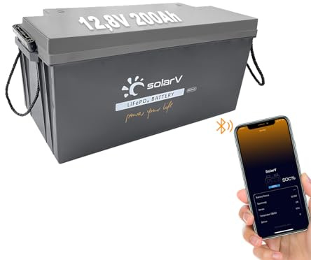 SolarV LiFePO4 12V 200Ah Batterie mit 100A BMS und Bluetooth für Solaranlage, Wohnmobil, Boot, Zuhause, Camping, 10 Jahre Lebensdauer, idealer Ersatz für Blei-Säure, AGM-Batterien