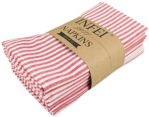 Vanliga randiga bomullslinne blandade middagsservetter – set med 12 (40 x 30 cm) – för evenemang och hemmabruk (röd)