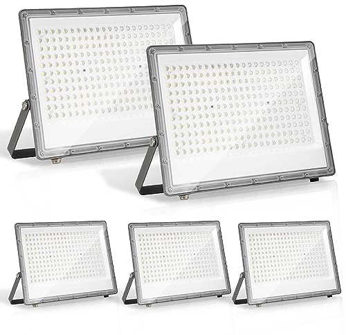Herrselsam 200W LED Strahler Außen, 5 Stücke 6000K Kaltweiß LED Scheiwerfer Superhell 19800LM, Außenbeleuchtung IP65 Wasserfest Außenlampe für Hinterhof, Terrasse (Kein Stecker)