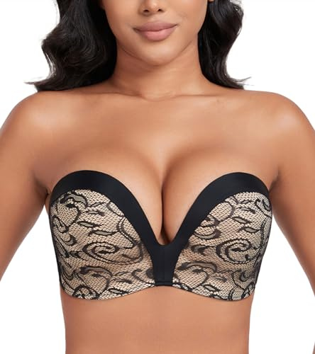 DotVol Push up Women's Bra Wireless Anti-Slip Strapless(Black Flower,34B)