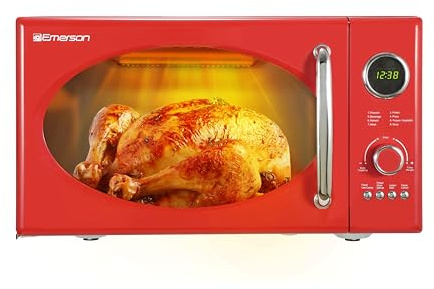 Emerson MWRG0901RD 0.9 Cu. Ft. Retro Microwave with 1,000W Grill Function, 800W Cooking Power, LED Display, 5 Power Levels, 8 Auto Menus, Glass Turntable, Child Lock, Red Countertop Design
