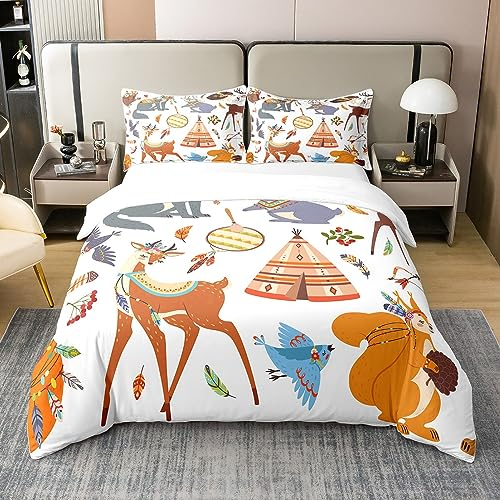 100% Baumwolle Kawaii Waldtiere Böhmische Bettbezug,Eichhörnchen Wolf Kaninchen Igel Sika Deer Bettwäsche Set,Indische Zelt Tröster Bezug 155x220,Südwest Native Kawaii Bett Sets mit 1 Kissenbezug