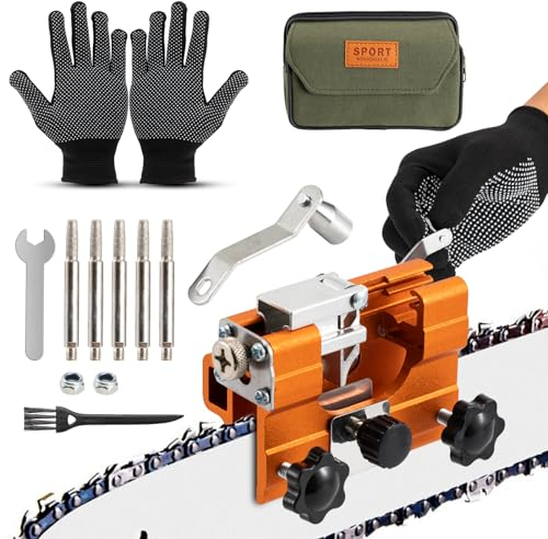 Affuteuse de Chaine Tronconneuse,Kit Portable Affûteur Avec 5 Têtes D'affûtage Outil dAffûtage pour Tous Les Types de Tronçonneuses Tronçonneuse Bûcheron et Jardinier avec Sac Portable, Gants