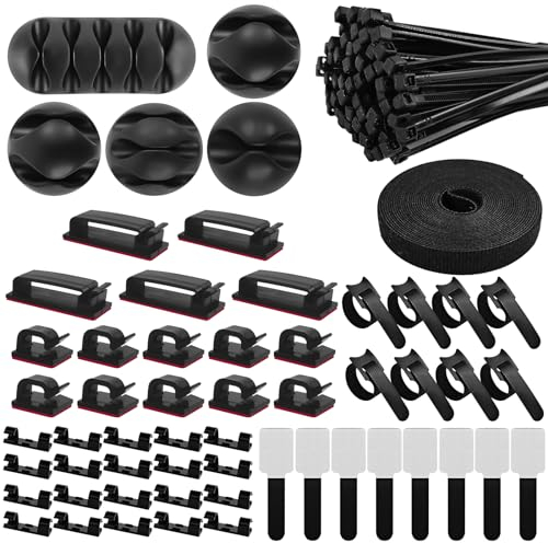 Samulee - Juego de 157 Piezas de gestión de Cables, Juego de Soportes para Cables con 5 Soportes de Silicona para Cables, 15 Clips para Cables autoadhesivos, 100 Bridas, 20 Abrazaderas Autoadhesivas