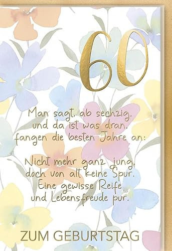 Verlag Dominique 60. Geburtstagskarte - Stilvolle Glückwunschkarte mit Zahlenmotiv, Edles Papier & Festliches Blumendesign für Lebensfreude und Reife - mit Umschlag