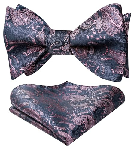 HISDERN Fluga för män, självknutna rosetter, slips och näsduk, set, klassisk paisley-fluga för affärer, smoking, bröllopsfest, bal med presentask, Rosa a, en storlek
