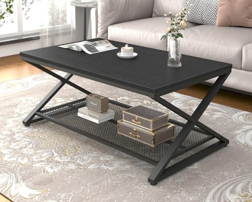 LVB Couchtisch Rechteckig Wohnzimmer Möbel Wohnzimmertisch mit Stauraum Sofatisch Beistelltisch aus Holz Metall Schwarz 100x60x45 cm