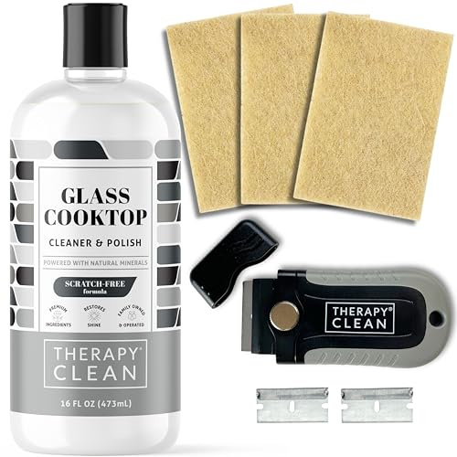 Therapy Herdplattenreiniger und Kochfeld-Reiniger, 473 ml, inklusive kratzfesten Scheuerpads, Rasierschaber, Glasreiniger und Politur für Keramik, Elektro, Induktion und flache Oberfläche