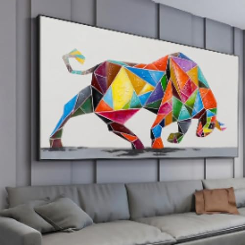 Abstraktes, farbenfrohes Ölgemälde mit Stier auf Leinwand, große Natur, kräftiges Tiergemälde, moderne Wandkunst, Wohnzimmer-Heimdekoration, 60 x 120 cm, rahmenlos