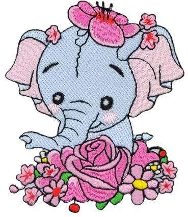 Elefant Blumen Aufnäher zum aufbügeln oder aufnähen Bügelbild Aufbügler für Kleidung gestickter Bügelpatch Applikation Mädchen Girl Patch Größe 7,5 x 8,4 cm