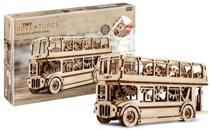 Revell Tiny Adventures 00618 - Kit modellino in legno a forma di autobus londinese, scala 1:40, con motore Pull Back & Go e chiave di avviamento, lunghezza 23,2 cm
