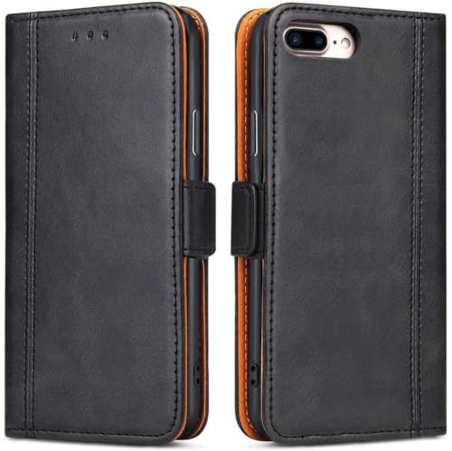 ROJIOJIO Handyhülle für iPhone 7 Plus, iPhone 8 Plus Leder Handytasche Kartenfach Klappständer Magnetisch Lederhülle für iPhone 7 Plus/iPhone 8 Plus Hülle, Schwarz
