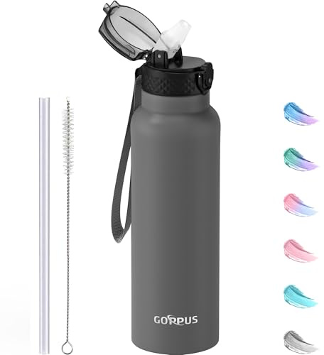 GOPPUS 750ml/26oz Stainless Water Bottle with Straw Double Wall Insulated Bottles with Strap Reusable Vacuum Thermal Flask Leakproof Keep Cold Drinks Bottles with Flip Top Lid for Men Women BPA Free