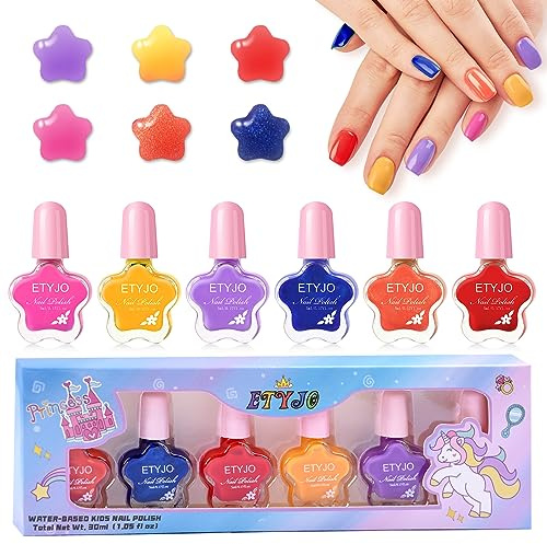 ETYJO Kinder Nagellack Set 6 Farben Ungiftig Peel Off, Schnell Trocknen Wasserbasiert für Mädchen, Geburtstagsgeschenk