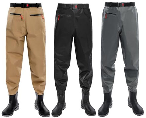Taillenhohe Wathose zum Angeln, Wathose für Damen und Herren, Wathose mit Reißverschlusstaschen, atmungsaktive Wathose mit Stiefeln für Fliegenfischen, Entenjagd, Kajakfahren, gelb, 46