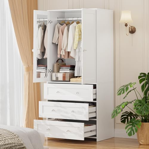 VOWNER Kleiderschrank, 2 Schrank, Garderobenschrank mit viel Stauraum, Vielseitiger Schwebetürenschrank mit 3 Schubladen, Schlafzimmerschrank, für Schlafzimmer, Weiß, 80x180x48 cm (B/H/T)