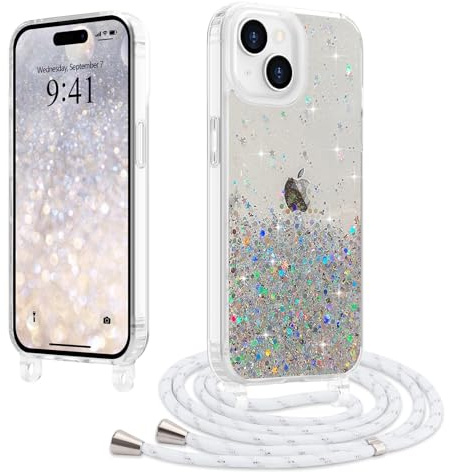 LCHULLE Handykette Kompatibel mit iPhone 15 Hülle mit Band Glitzer Handyhülle mit Kordel Transparent Schutzhülle mit Einstellbar Kette Silikon Case für iPhone 15 Transparent
