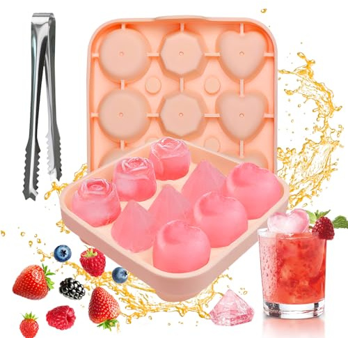 LEIMEND 1Stück Rosa Eiswürfelform mit Deckel 9 Fächer Silikonform Eiswürfel Rosenform Diamantform Herzform Silikon Eiswürfelform Wiederverwendbar Geeignet für Eiswürfel Cocktails Säfte