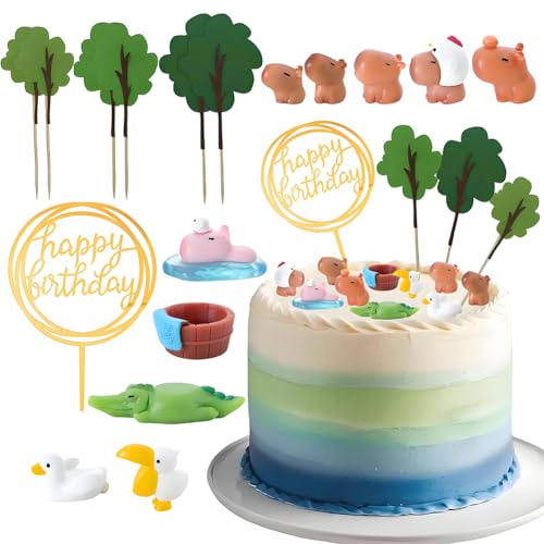 Capybara Mini Figures Cake Toppers Set,Cute Capybara Figurines with Trees & Birthday Sign Cupcake Toppers DIY 17pcs Miniatures Resin Animals Dollhouse DIY Landscape Decor Cake Decoration Toys Gifts