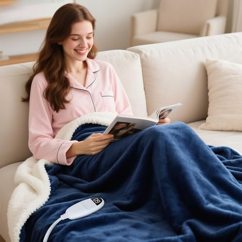 Qoosea Heizdecke 130x160cm mit Abschaltautomatik Wärmedecke Heizdecke mit 9 Heizstufen & 10 Auto-Off-Timer, LED-Anzeige, Waschbar Wärme-Kuscheldecke für Zuhause Sofa Bett Office Geschenk, Marineblau