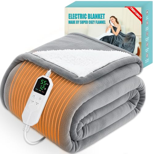 Warmfay Electric Heated Blanket 150 × 130 cm, Heated Throw Blanket Fast Heating with 8 Heat Levels & 1-12H Timer Auto Shut-Off, Machine Washable, Light Gray Soft Heating Blanket Flannel for Sofa & Bed