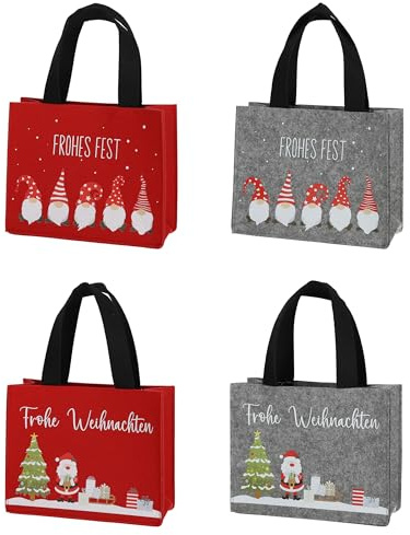 4er Set Geschenktaschen Weihnachten aus Filz – Geschenkbeutel | Wiederverwendbar – Geschenkverpackung mit Weihnachtsmotiven – 20 x 15,5 x 7,5 cm – Rot & Anthrazit – nachhaltig & dekorativ