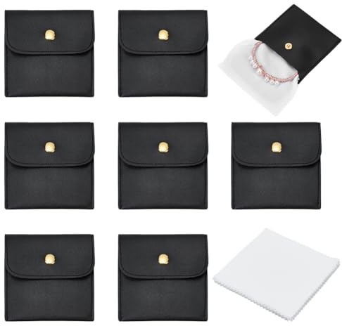 NBEADS 12 st mini smyckepåse, 8 x 8 cm PU-läder små smyckeväskor mjuka kuvertpåsar presentförvaringsväska med 12 st glasögonrengöringsduk för kvinnor ringar halsband armband, svart
