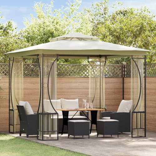 Paviljong med nät 300 x 300 x 265 cm kräm, UV-resistent trädgårdspaviljong med PA-beläggning, utomhus-canopy-gazebo för trädgård, terrass och evenemang