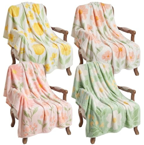 Buryeah 4 Pcs Spring Floral Throw Blankets Flower Flannel Throws Soft Cozy Lightweight Decorative Blankets for Couch Sofa Home Decor Spring Gifts, 40 x 50 Inch