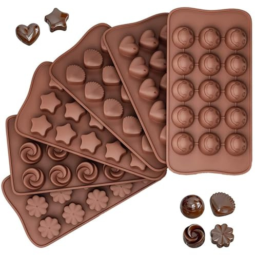 6 Stück Pralinenform Silikon, Antihaft 3D Schokoladenform Silikon, Backform Silikonformen wie Lächeln, Stern, Herz, Muschel, Rose, Blütenblatt, Schokoladenform