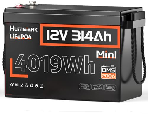 HumsiENK 12V 314Ah (300Ah) LiFePO4 Lithium-Mini-Batterie, integriertes 200A BMS, max. 4190Wh Energie, EV A+ Zellen, 15000 Zyklen, geeignet für Wohnmobile, Boote und Solaranlagen
