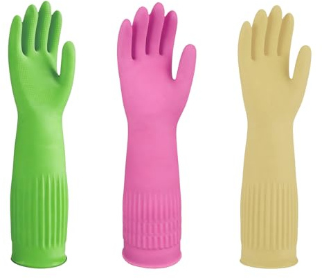 FUSHI&MON Washing Up Gloves, 3 Pack Durable Cleaning Gloves with extra long cuff, Reusable Waterproof Rubber Gloves, Non-Slip Dishwashing Gloves for Kitchen, Laundry Gardening (M)
