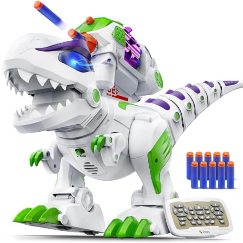 Ruko 8809 Radiostyrd dinosaurie T-Rex för barn, stor uppladdningsbar RC Dino med programmeringsfunktion, promenader, bryggor, LED-ögon och dartskott, leksak från 3 år, grön-lila-vit