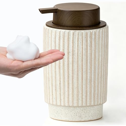 Ceramic Foaming Soap Dispenser, 350ml Refillable Pump for Bathroom | Striped Ceramic Design,Wide Refill Opening,Wood-effect Pump,Stable Base for Bathrooms,Kitchens,Utility Rooms,Guest Washrooms