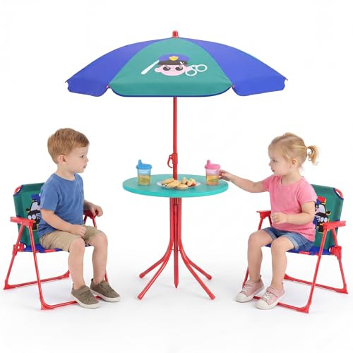 COSTWAY Set Tavolo e Sedie da Giardino per Bambini 3-6 Anni, Set da Esterno per Bambini 4 Pezzi Regolabile in Altezza con Tavolino Rotondo, 2 Sedie Pieghevoli e Ombrellone per Campeggio e Picnic