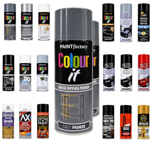 VR ANGLE 2 x PAINTfactory Grey Primer Spray Paint 400ml, Quick Drying Multi Surface Primer Aerosol for Metal, Wood & Plastic, Smooth Base Coat for Paint Preparation, Interior & Exterior Use