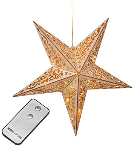Haushalt International Holzstern mit Fernbedienung 40cm LED beleuchteter Stern Weihnachts Fenster Deko