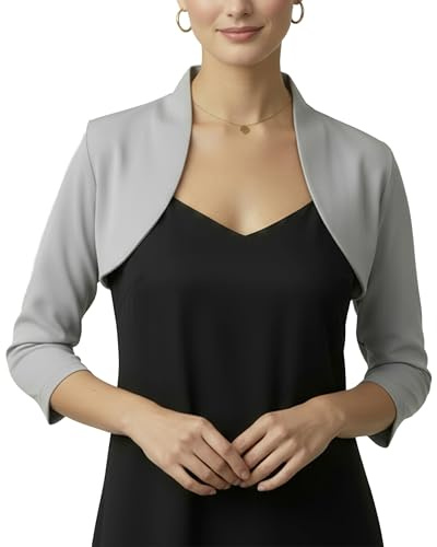 BlackButterfly Boléro Femme Manches 3/4 Col Montant Stretch | Ouvert devant, À enfiler, Sans fermeture, Coupe structurée, Coton & nylon, Tailles XS-5XL