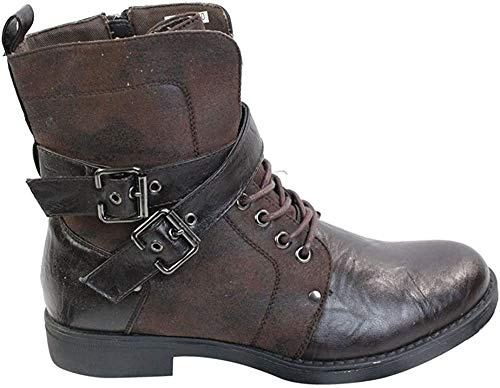 Elong Mens Punk Rock Goth Elmo Ankle Boots Brown Black Leather Buckle, Brown, 8