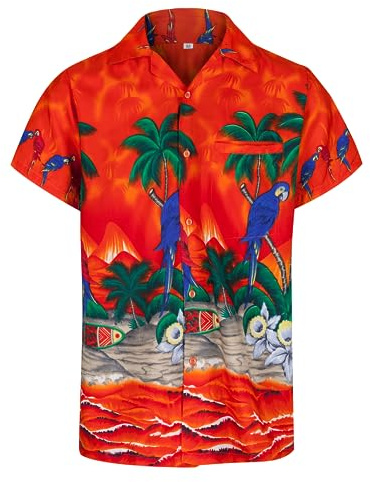Chemise hawaienne homme à manches courtes avec boutons - Chemise homme tropicales pour hommes avec perroquets et palmiers - Chemise hawaïenne d'été pour hommes pour enterrement de vie de garçon.