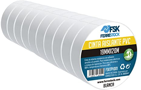 Ferrestock FSKTPV001 Pack 10 unidades cinta aislante de PVC blanca con adhesivo sensible a la presión, 19mmx20m