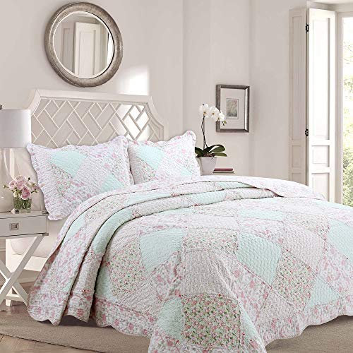 Cozy Line Home Fashions Bettwäsche-Set, 100 % Baumwolle, echte Patchwork-Blumenmuster, rosa Rose, Shabby Chic, wendbar, Bettdecke, Tagesdecke (La Rosa Rêve, Queensize, 3-teilig)
