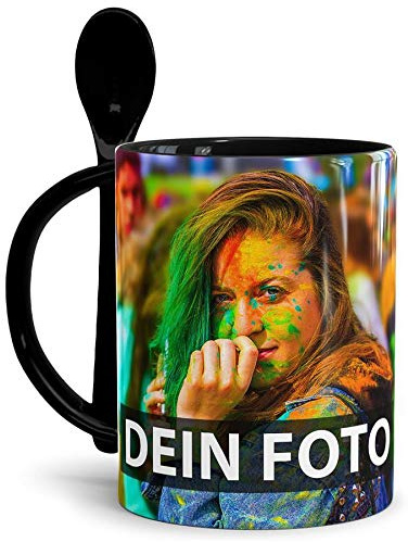Tasse selbst individuell gestalten/Personalisierbar mit eigenem Foto bedrucken/Fototasse/Motivtasse/Werbetasse/Firmentasse mit Logo/Löffeltasse Klassik Schwarz - XXL Druck