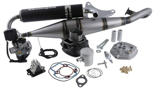 Tuniit 2EXTREME 70ccm Tuningkit kompatibel mit Piaggio Zip, Gilera Runner | Sport LC Set mit Zylinderkit, 17,5mm Vergaser, TECNIGAS Next-R Auspuff, BR9ES Zündkerze, Düsenset; kompatibel mit Piaggio NRG