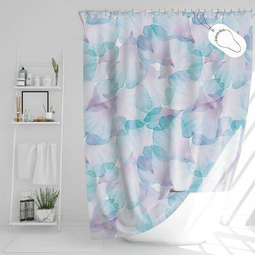 DROPHOP Blätter-Motiv Duschvorhang B x H: 180 x 200 cm Pastell lila-türkis Blumen aus wasserdichtem Polyester Textil, waschbar, Anti-schimmel, gewichteter Saum, inkl. Edelstahl-Haken