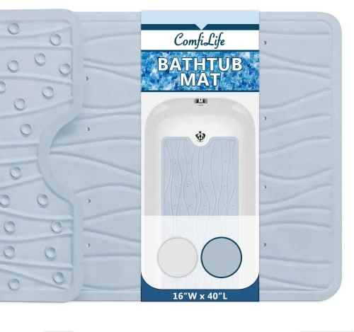 ComfiLife Bath Mat for Bathroom Tub and Shower – Non Slip Extra Large Bathtub Mat with Drain Holes & Suction Cups – Machine Washable Rubber Mats to Keep Bathtub Clean (Light Blue, Wave 16 x 40)